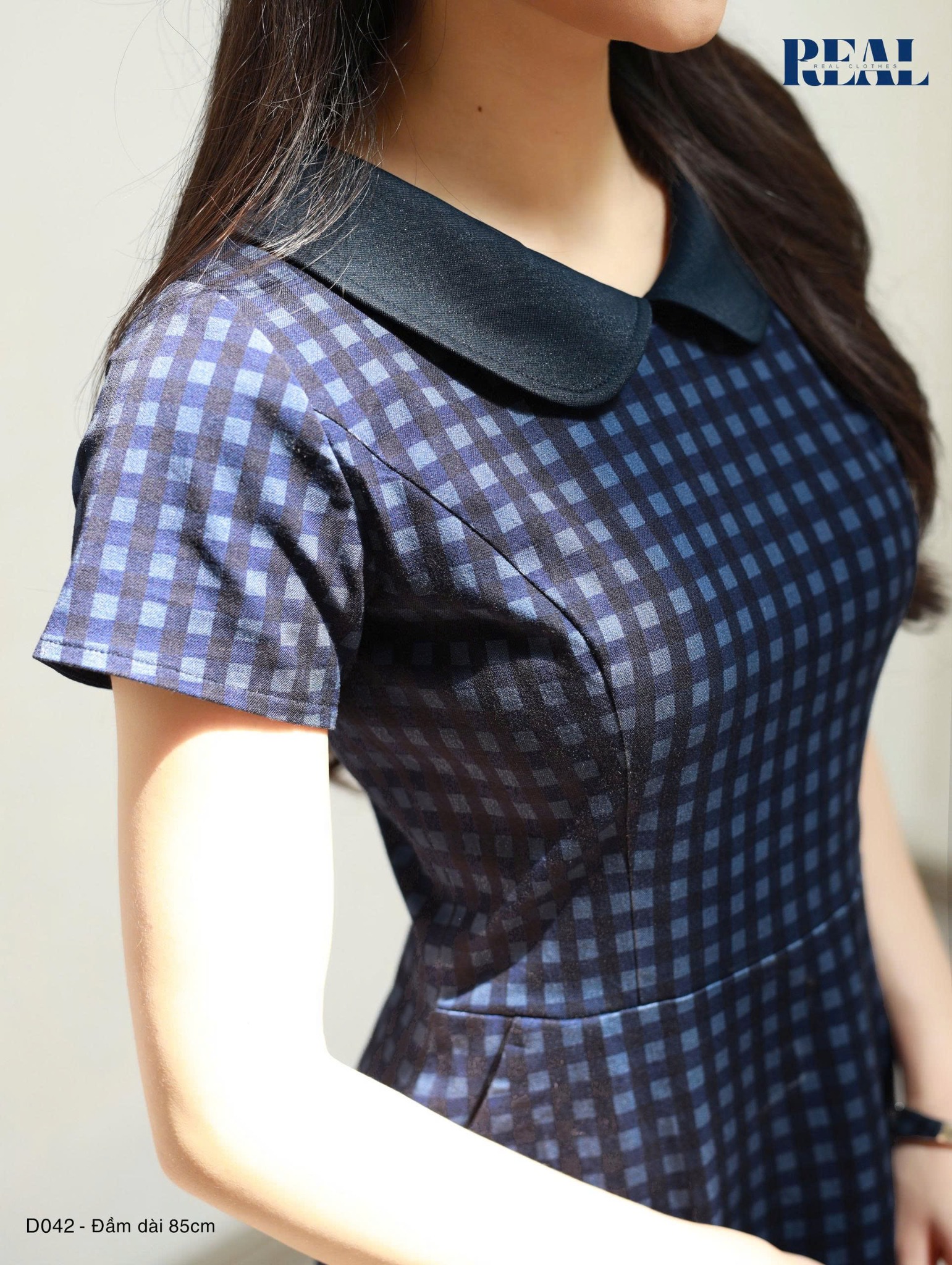 Đầm Jennie form A cổ lá sen ô xanh