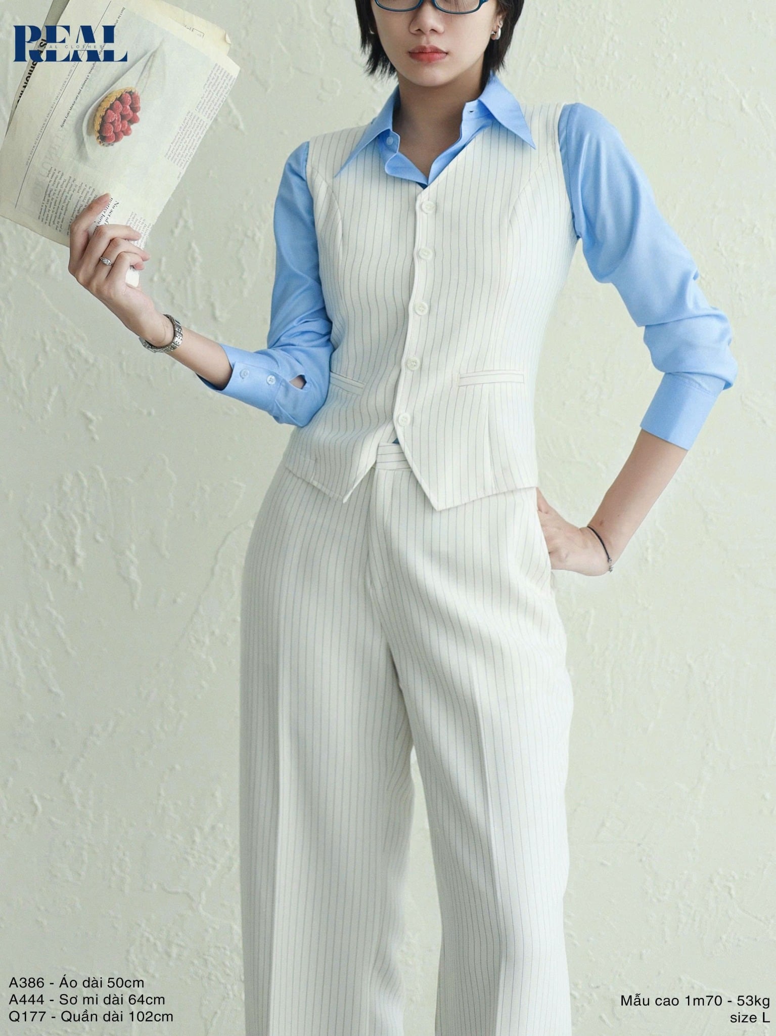 Sơ mi chít eo sọc tăm xanh