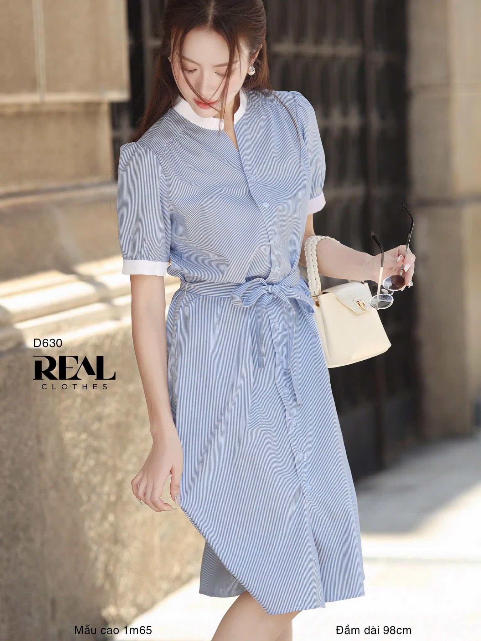Đầm sơ mi cổ trụ sọc xanh MỚI