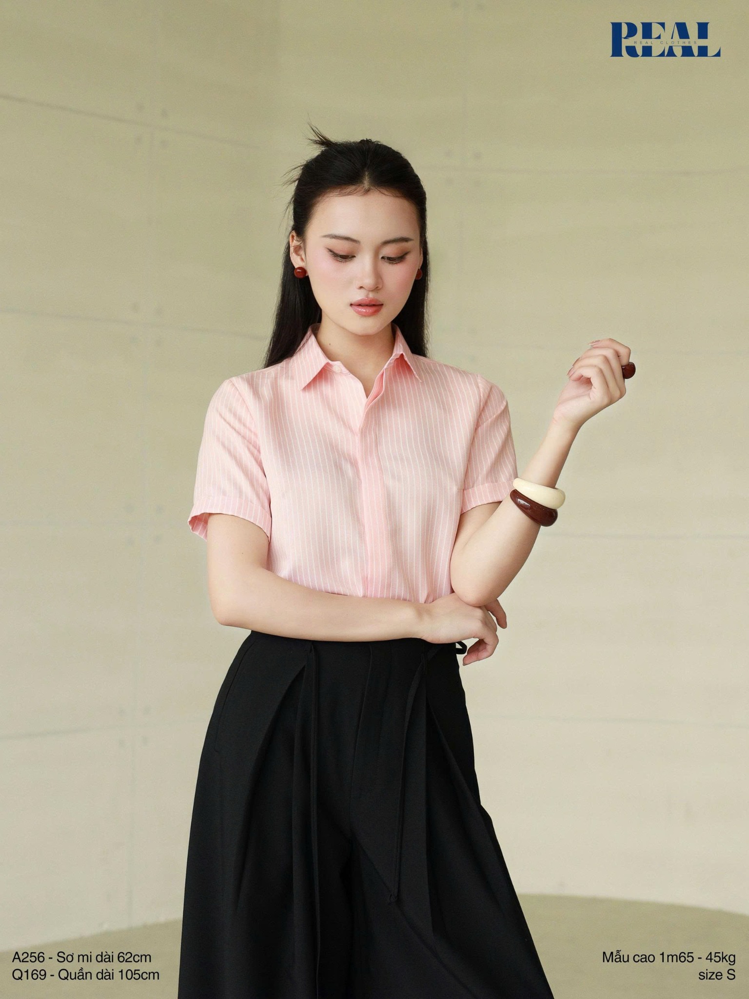 Sơ mi sọc hồng cam tay đủ