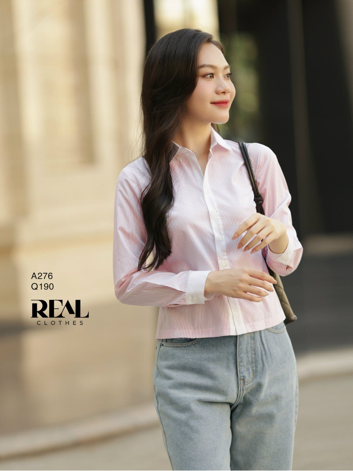  Sơ mi crop sọc hồng 