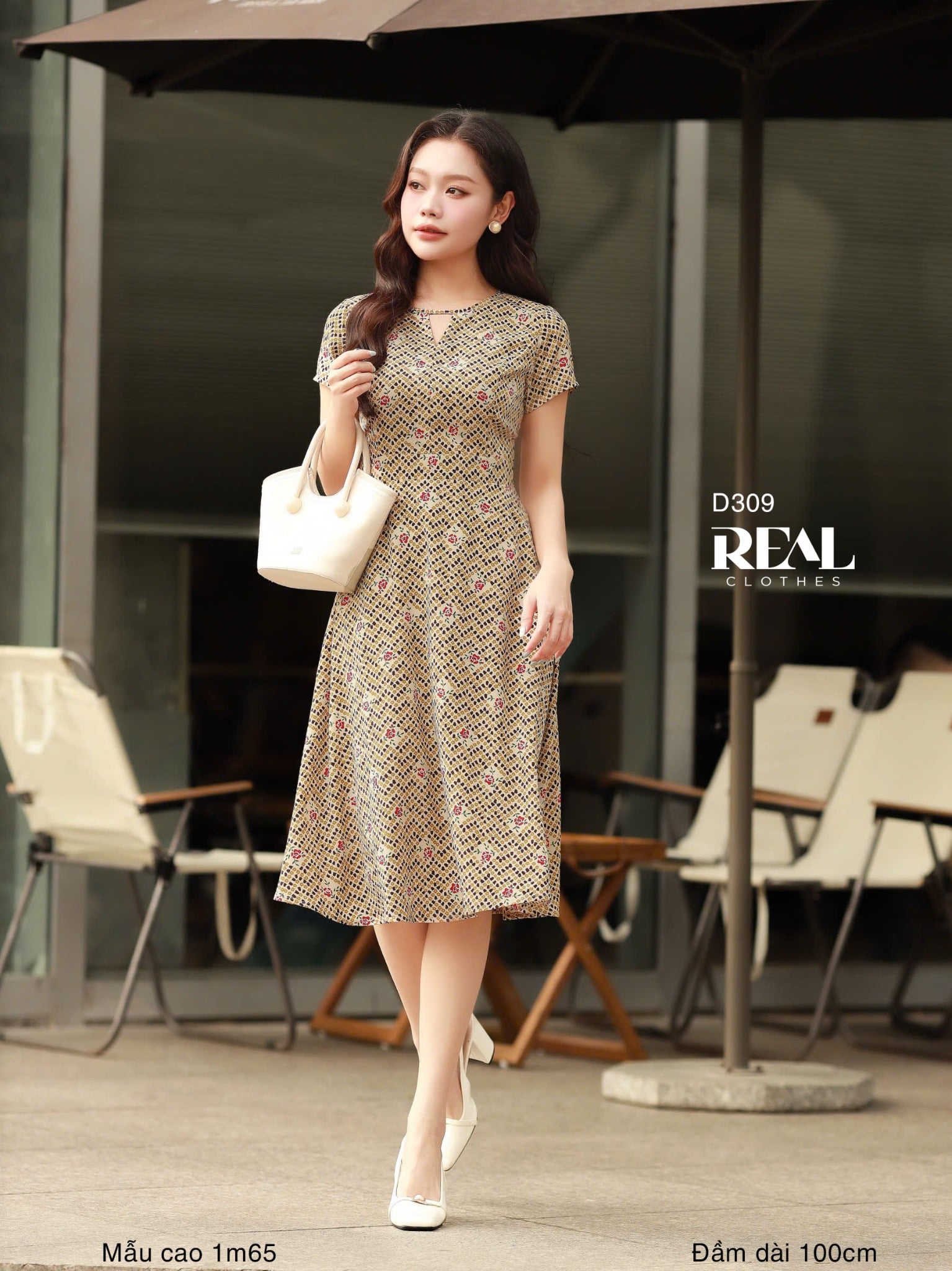 Đầm cổ tròn cách điệu hoa SALE