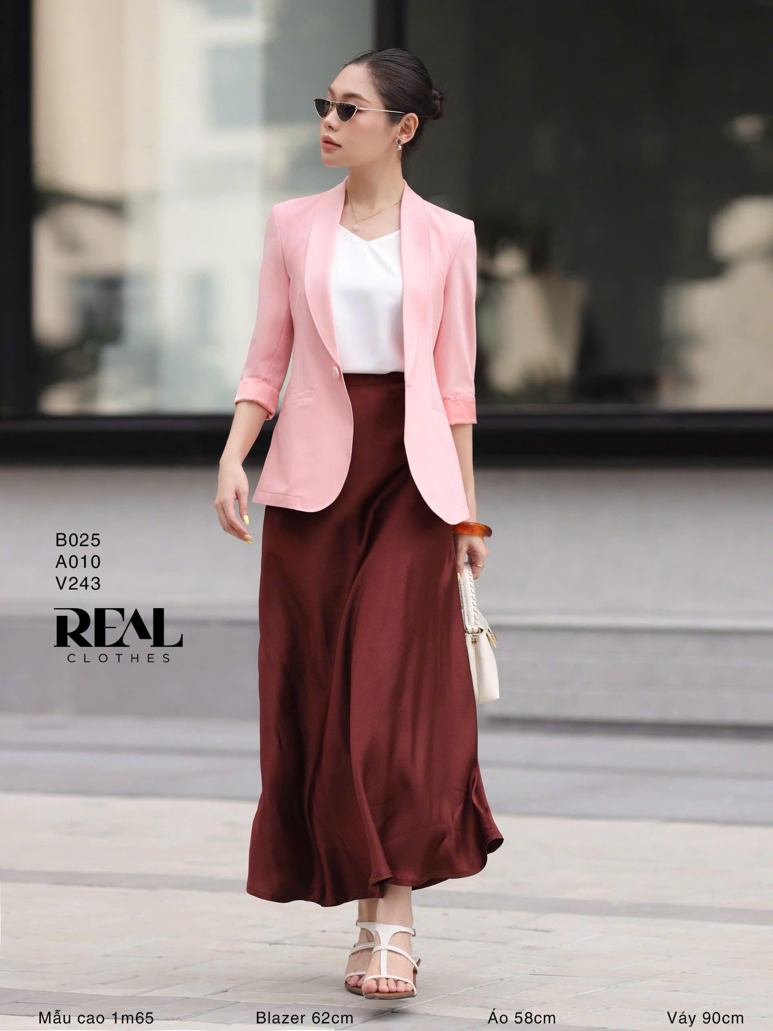 Blazer dài hồng satin