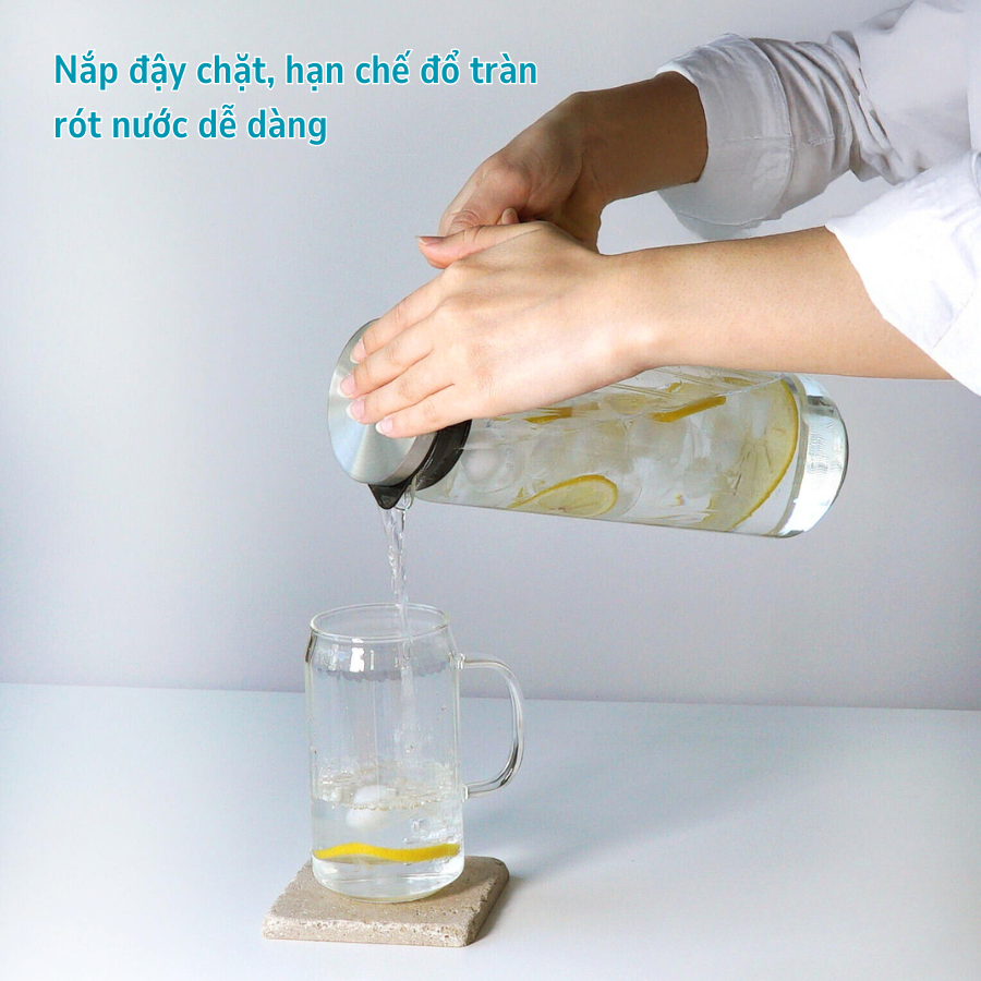  Bình nước bằng thủy tinh chịu nhiệt cao cấp Hario Water Jug 1.300ml (nắp thép, tay cầm thủy tinh) 