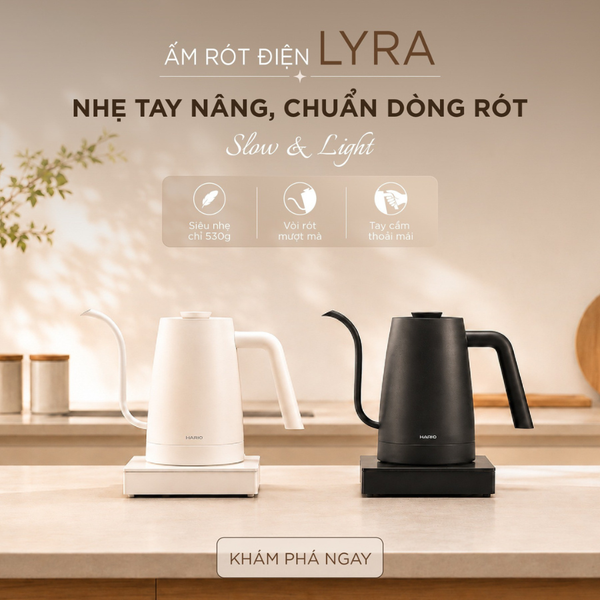  Ấm rót điện điều chỉnh nhiệt cao cấp Hario Electric Kettle LYRA 800ml siêu nhẹ (220V, 1200W, 2 màu Trắng/Đen) 
