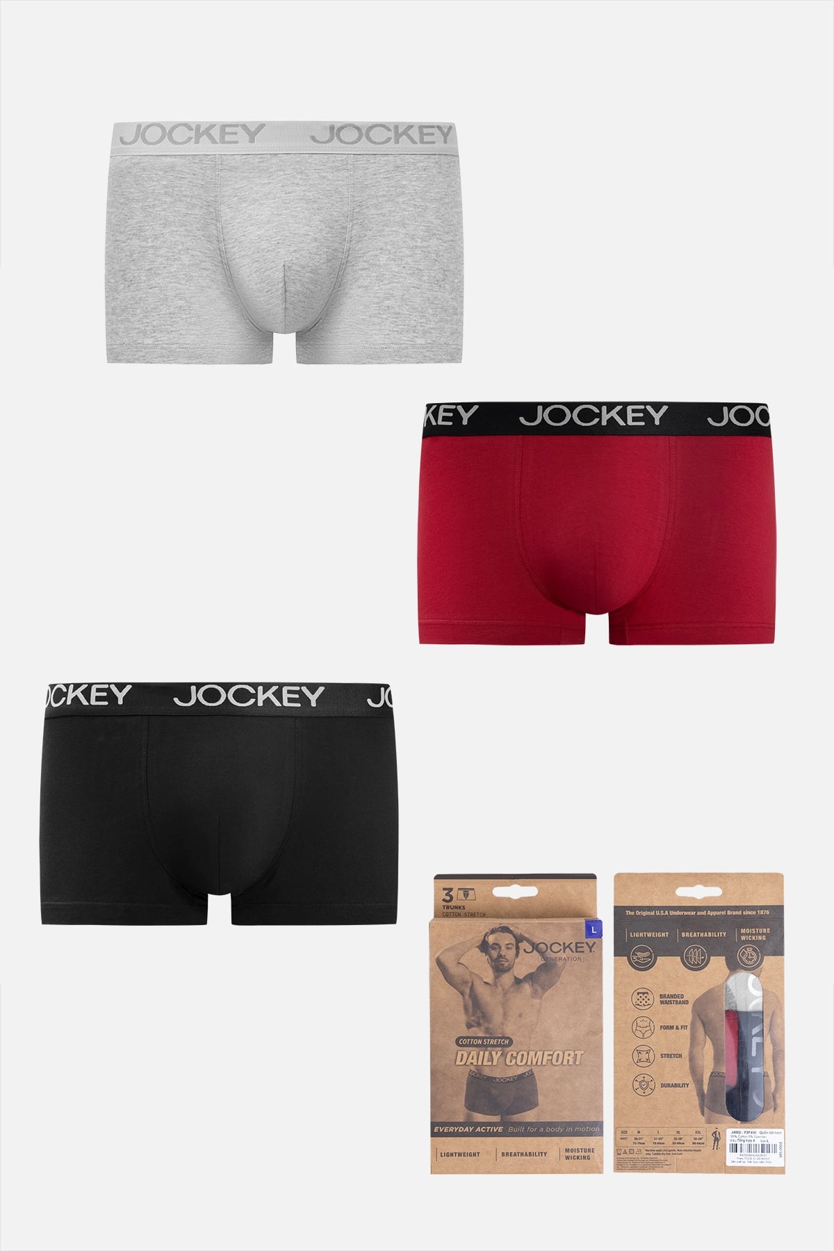 Quần lót nam Trunk Jockey Cotton 4 chiều trơn – J4002