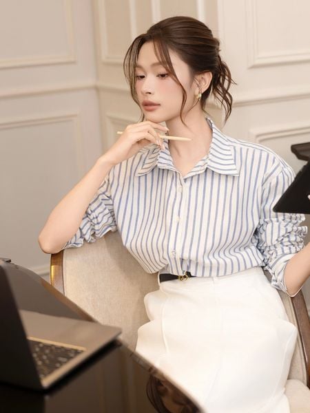 Trực diện Áo sơ mi linen sọc xanh A3280