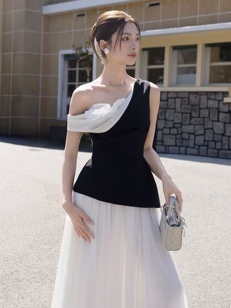  Áo kiểu tiệc cotton tuyết cổ xéo AAD03A 