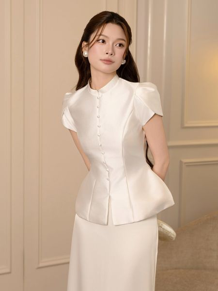  Áo kiểu tiệc Tafta cổ trụ, áo peplum, tay tulip AAF05T 