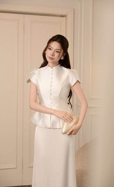  Áo kiểu tiệc Tafta cổ trụ, áo peplum, tay tulip AAF05T 