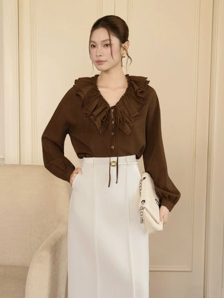 Áo kiểu công sở Linen cổ V phối bèo, tay dài AAF24T