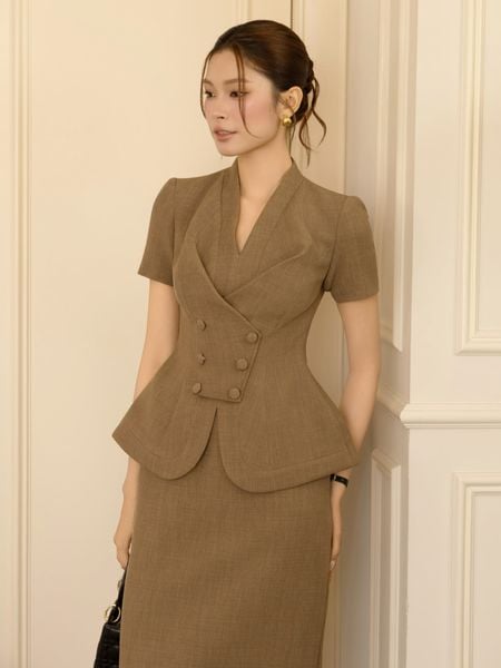 Áo kiểu công sở cotton chéo peplum, cổ V AAF25B