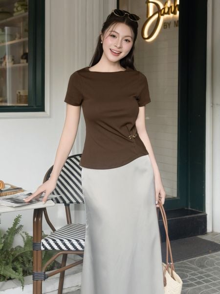 Áo kiểu dạo phố thun bozip, cổ thuyền, kèm tag kim loại AAF45H