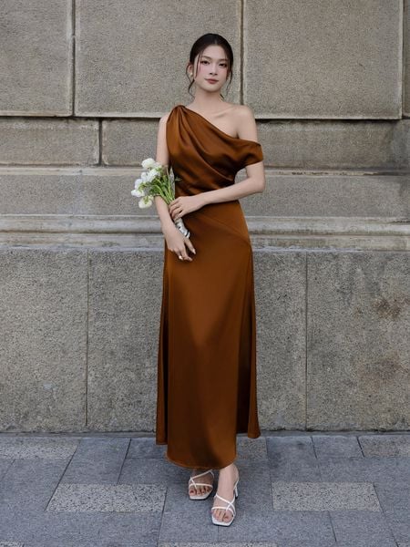 Full Đầm xòe dạo phố lụa dài cổ xéo DAA42B