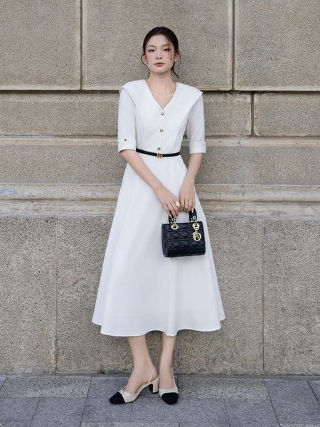 Full Đầm xòe công sở cotton dài cổ V DAA21B