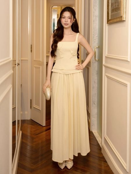 Đầm 2 dây tiệc cotton dài xoè, cổ vuông DAF02B