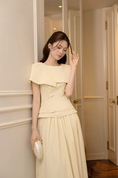Đầm 2 dây tiệc cotton dài xoè, cổ vuông DAF02B