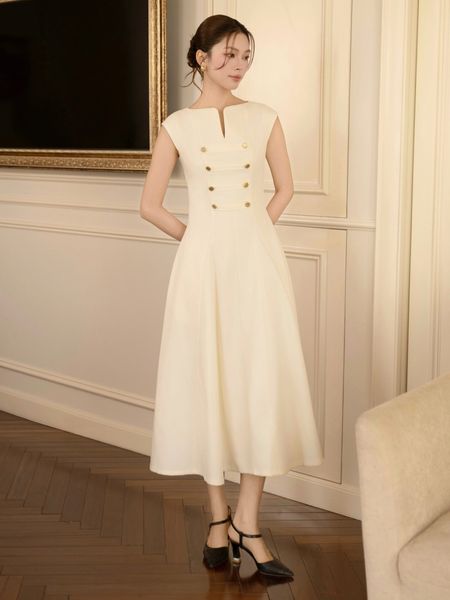 Đầm xòe công sở cotton dài dáng A xoè, cổ thuyền V - DAF23B