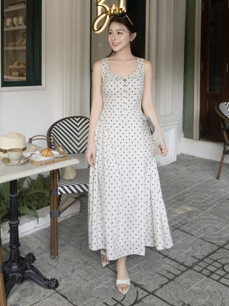 Đầm 2 dây dạo phố Linen xoè, cổ tim viền ren - DAF41B