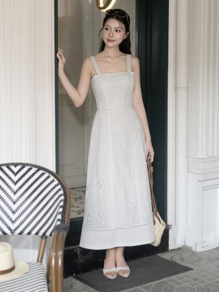 Đầm 2 dây dạo phố ren cotton xòe, cổ vuông DAF42T