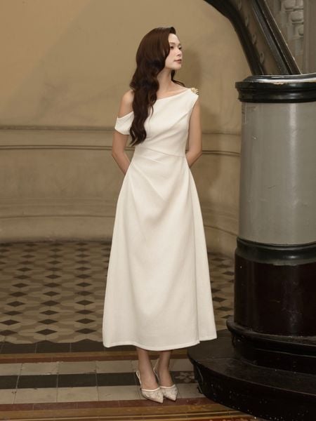 Đầm Xòe Tiệc Cotton Dài Cổ Xéo - DAH02B - 1