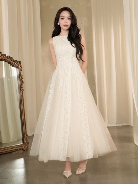 Đầm Xòe Tiệc Ren Dài Phối Lưới - DAK03B - 1