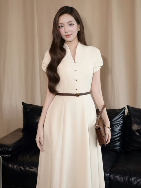 Đầm Xòe Công Sở Cotton Dài Cổ V - DAK21A - 1