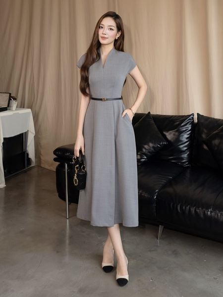 Đầm Xòe Công Sở Cotton Dài Cổ V - DAK23T - 1
