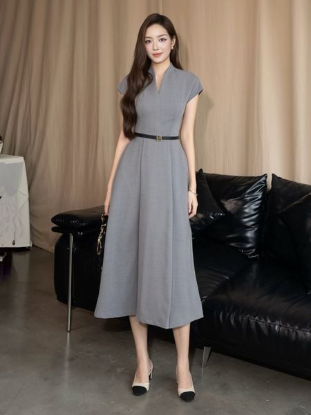 Đầm Xòe Công Sở Cotton Dài Cổ V - DAK23T - 1