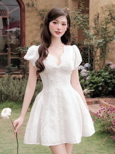  Đầm dạo phố cotton ngắn thêu hoa DAC76A 