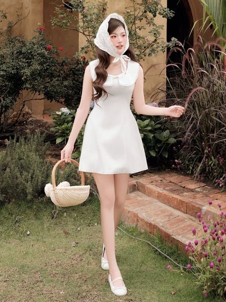  Đầm dạo phố linen ngắn kết nơ ren DAC75B 