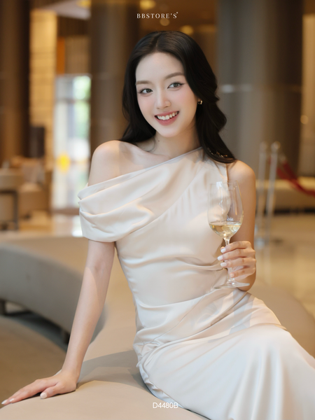 Full dáng Đầm suông tiệc lụa dài lệch vai D4480B