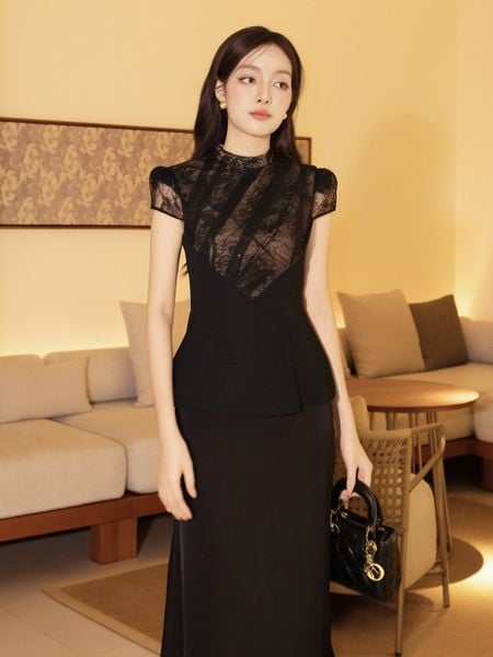  Áo kiểu tiệc ren tay ngắn AAE01B 