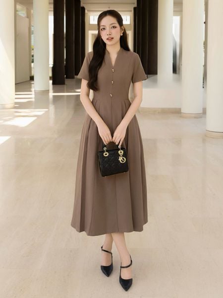 Đầm xòe công sở cotton dài cổ V DAE22A