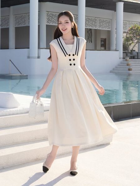 Đầm xòe công sở cotton dài cổ V DAE25B