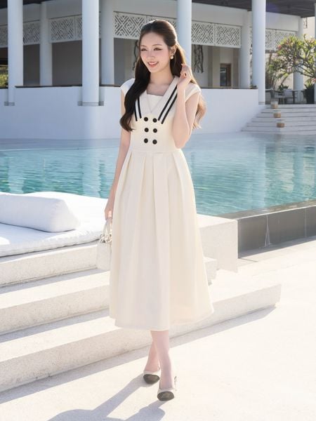 Đầm xòe công sở cotton dài cổ V DAE25B