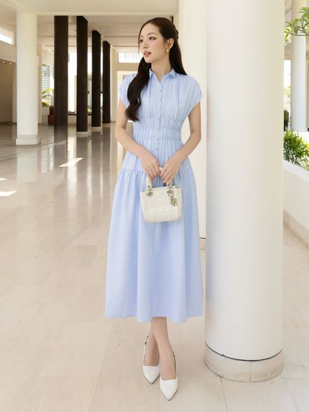 Đầm xòe công sở kaki dài cổ sơ mi DAE23T