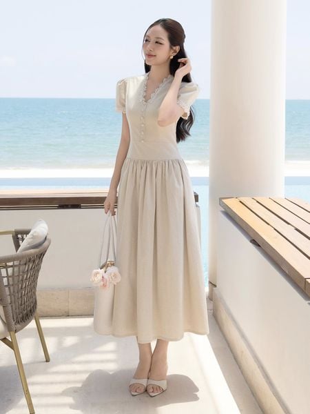 Đầm xòe dạo phố linen dài phồng DAE46B