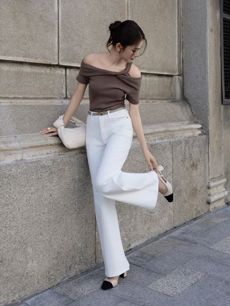 Trực diện Áo kiểu dạo phố thun gân trễ vai AAA43B