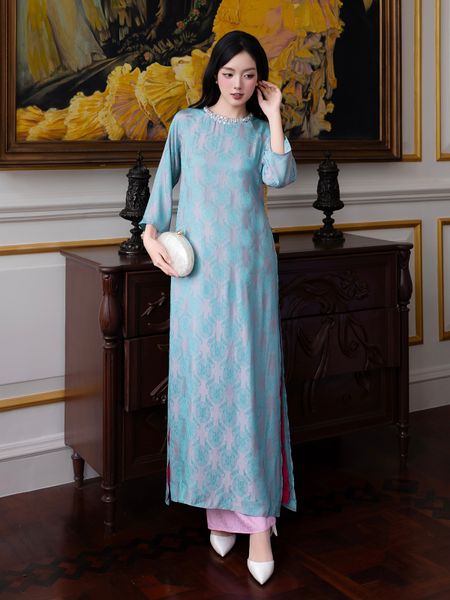 Full Set áo dài gấm cổ viền dây kim sa K4584T