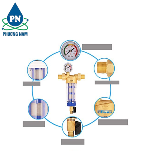 Bộ Lọc Nước Thô Đầu Nguồn Ren 21 Kèm Đồng Hồ Áp
