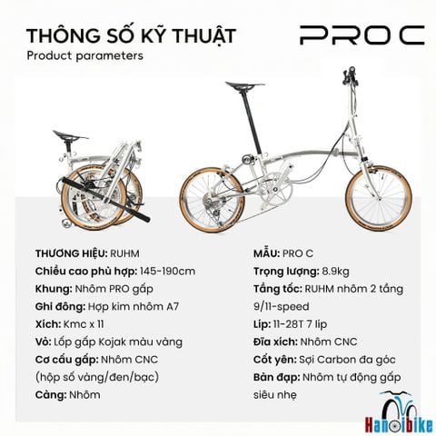 Xe đạp gấp gọn 3 khúc tiện lợi RUHM PRO C dễ dàng mang đi tàu điện, xe bus
