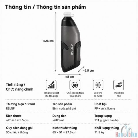 Bình Nước Xe Đạp Thể Thao Khí Động Học ESLNF 650ml Tặng Kèm Gọng Bình Nước