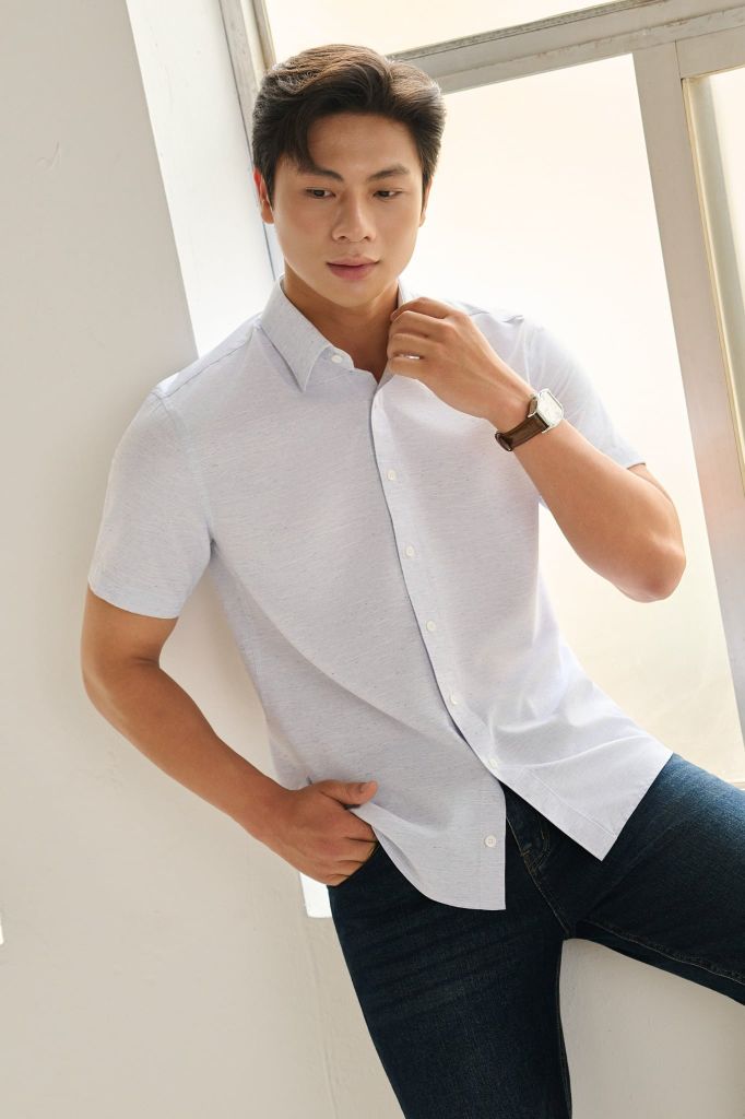  Áo Sơ Mi Cộc Tay Xanh Nhạt/Hồng Thiết Kế Basic 1SMCB662XNH/HOG 