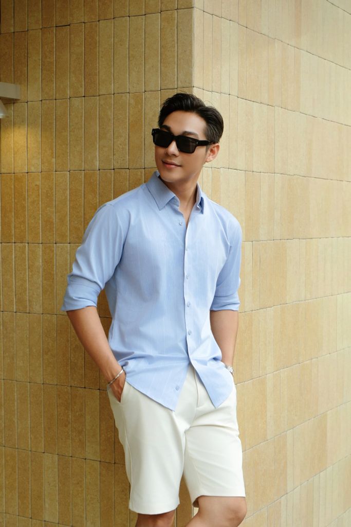  Áo Sơ Mi Dài Tay Xanh Nhạt Thiết Kế Kẻ Sọc Cao Cấp 1SMDS614XAH 