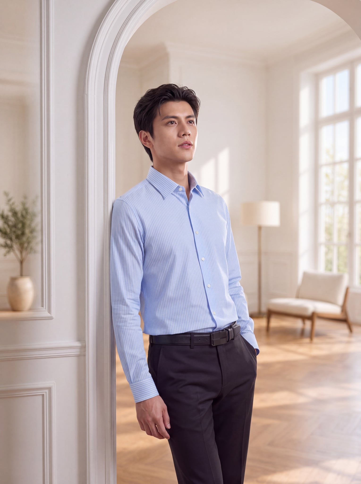  Áo Sơ Mi Dài Tay Xanh Nhạt Thiết Kế Kẻ Sọc Cao Cấp 1SMDS634XAH 