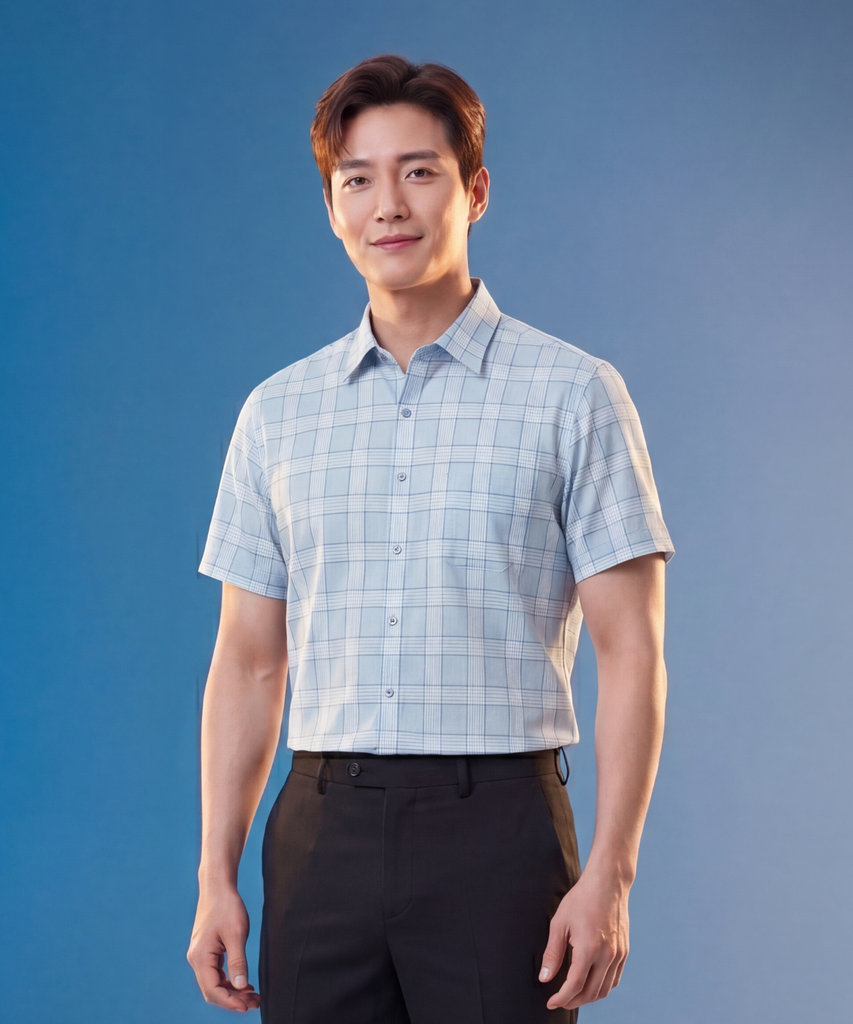  Áo Sơ Mi Xanh Thiết Kế Caro Cao Cấp 1SMCC618XAH 