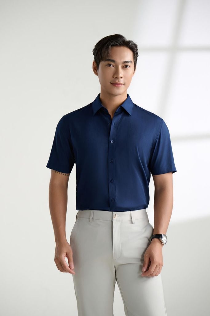  Áo Sơ Mi Cộc Tay Tím Than/Xanh Thiết Kế Caro Cao Cấp 8SMCC350 