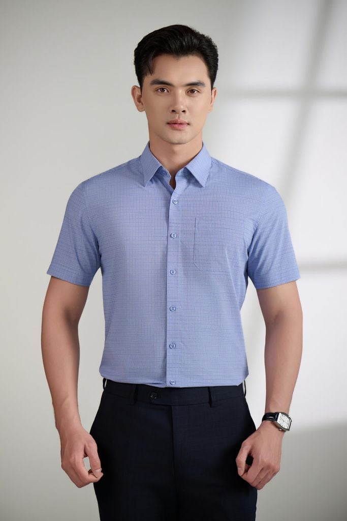  Áo Sơ Mi Cộc Tay Xanh Caro Thiết Kế Có Túi Cao Cấp 9SMCC538XAH 