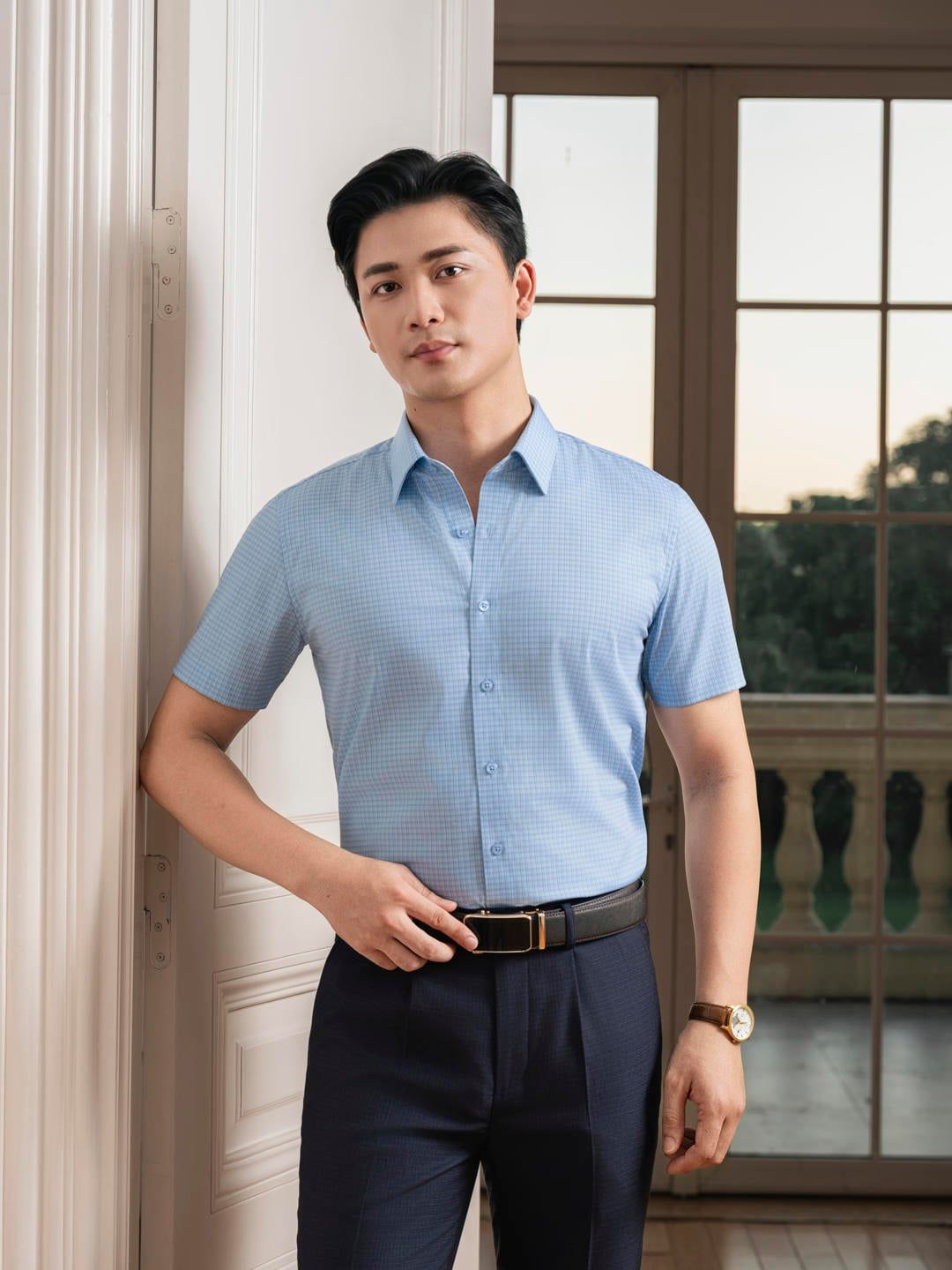  Áo Sơ Mi Cộc Tay Xanh Thiết Kế Caro Cao Cấp 9SMCH513XAH 